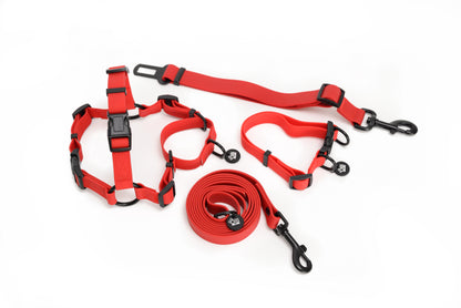 Candy Red Waterproof Full Set- Lead + Collar + Harness + Seat Belt